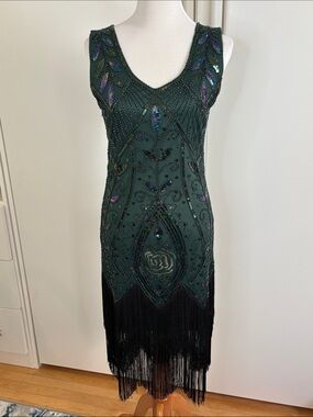 Sleeveless Emerald Beaded Fringe Midi Dress
